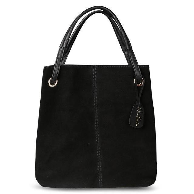 Women Genuine Split Suede Leather Tote Shoulder Bag-Black-China-JadeMoghul Inc.