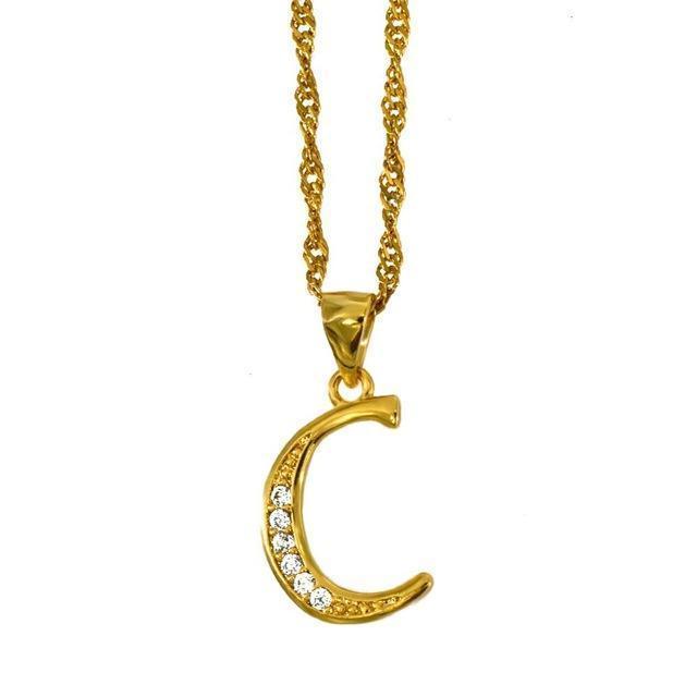 Women Gold Color Initial Pendant And Chain With Cubic Zircon-Choose Letter C-45cm Thin Chain-JadeMoghul Inc.