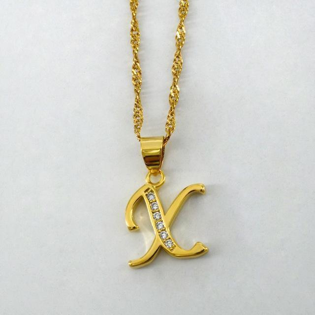 Women Gold Color Initial Pendant And Chain With Cubic Zircon-Choose Letter X-45cm Thin Chain-JadeMoghul Inc.