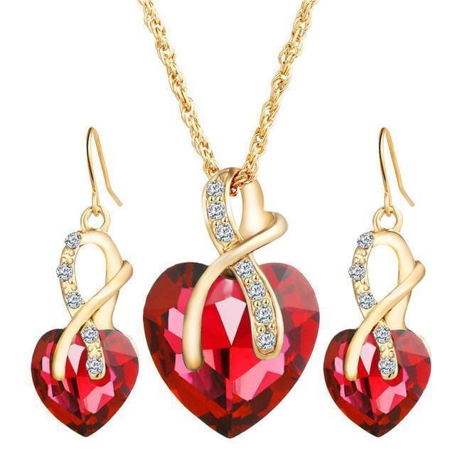 Women Gold Color Love Crystal Heart Jewelry Set-NJCS108red-JadeMoghul Inc.