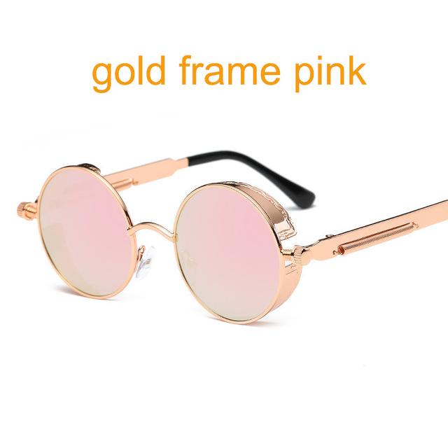 Women Gothic Steam Punk Round Shaped Sunglasses-6631 gold f pink-JadeMoghul Inc.