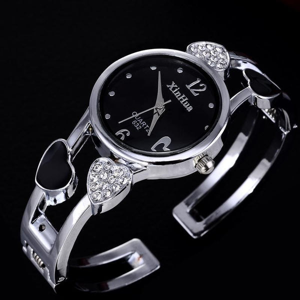 Women Heart And Crystal Cuff Bracelet Wrist Watch-Black-JadeMoghul Inc.