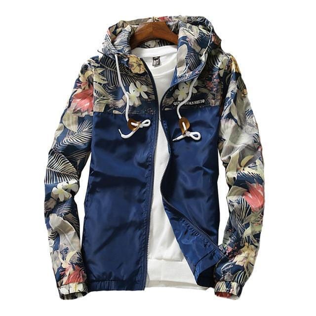 Women Hooded Casual Floral Print Jacket-Navy Blue-L-JadeMoghul Inc.