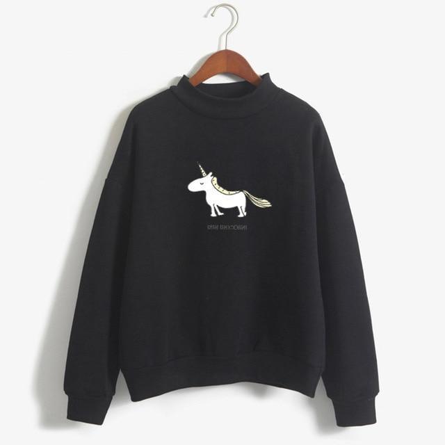 Women Hoodies Female Long Sleeve Fleece Turtleneck Sweatshirt 2017 Autumn Winter Kawaii Unicorn Print Harajuku Casual Pullover-black-M-JadeMoghul Inc.