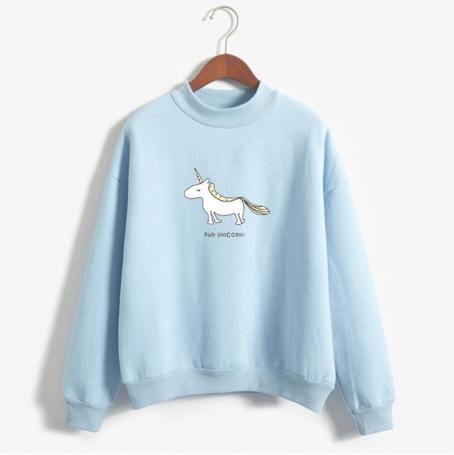 Women Hoodies Female Long Sleeve Fleece Turtleneck Sweatshirt 2017 Autumn Winter Kawaii Unicorn Print Harajuku Casual Pullover-blue-M-JadeMoghul Inc.