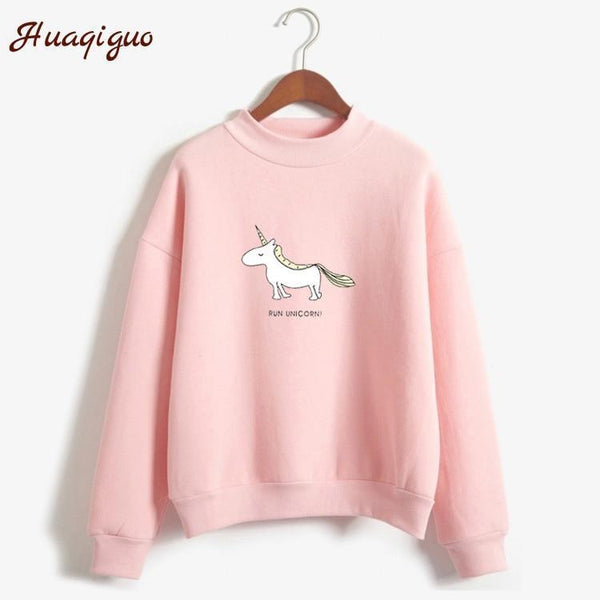Women Hoodies Female Long Sleeve Fleece Turtleneck Sweatshirt 2017 Autumn Winter Kawaii Unicorn Print Harajuku Casual Pullover-blue-M-JadeMoghul Inc.