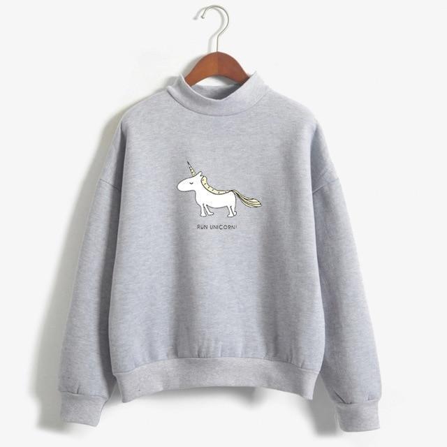 Women Hoodies Female Long Sleeve Fleece Turtleneck Sweatshirt 2017 Autumn Winter Kawaii Unicorn Print Harajuku Casual Pullover-grey-M-JadeMoghul Inc.