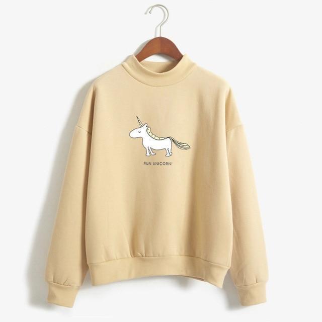 Women Hoodies Female Long Sleeve Fleece Turtleneck Sweatshirt 2017 Autumn Winter Kawaii Unicorn Print Harajuku Casual Pullover-khaki-M-JadeMoghul Inc.