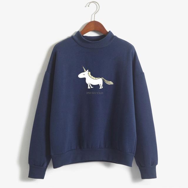 Women Hoodies Female Long Sleeve Fleece Turtleneck Sweatshirt 2017 Autumn Winter Kawaii Unicorn Print Harajuku Casual Pullover-navy-M-JadeMoghul Inc.