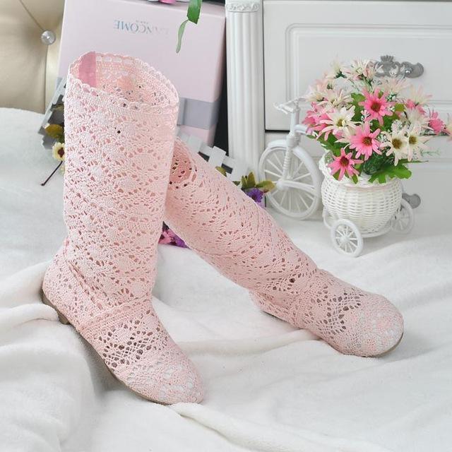 Women Knee High Lace Boots-Pink-4.5-JadeMoghul Inc.