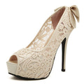 Women Lace 5 Inch Platform Stiletto Heels With Bow Detailing And Zipper Closure-Beige-5-JadeMoghul Inc.