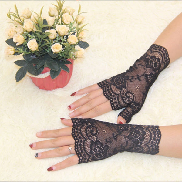Women Lace Finger Less Gloves-White-JadeMoghul Inc.