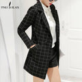 Women Lattice Design Long Blazer Jacket-blazer-Black-S-JadeMoghul Inc.