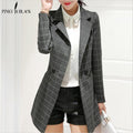 Women Lattice Design Long Blazer Jacket-blazer-Gray-S-JadeMoghul Inc.