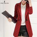 Women Lattice Design Long Blazer Jacket-blazer-Red-S-JadeMoghul Inc.