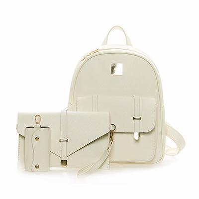 Women Leather 3 Piece Backpack/Wristlet / Key Chain Set-Beige-China-Medium-JadeMoghul Inc.