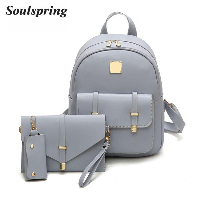 Women Leather 3 Piece Backpack/Wristlet / Key Chain Set-Black-China-Medium-JadeMoghul Inc.