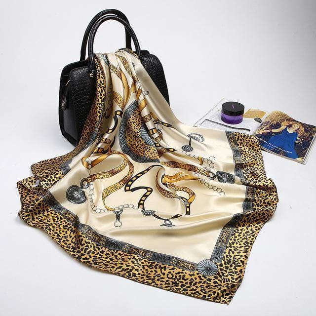 Women Leopard And Chain Print Silk Square Scarf-Gold-90cm-JadeMoghul Inc.