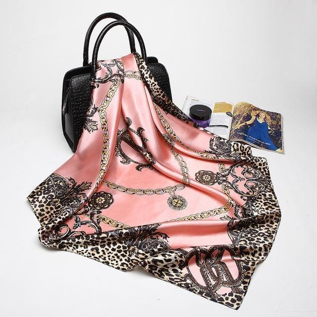 Women Leopard And Chain Print Silk Square Scarf-Pink-90cm-JadeMoghul Inc.