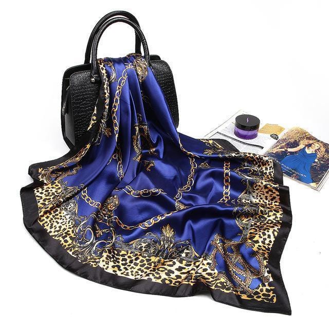 Women Leopard And Chain Print Silk Square Scarf-Royal blue-90cm-JadeMoghul Inc.