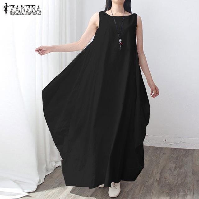 Women Linen Maxi Sleeveless Summer Dress-Black-S-JadeMoghul Inc.