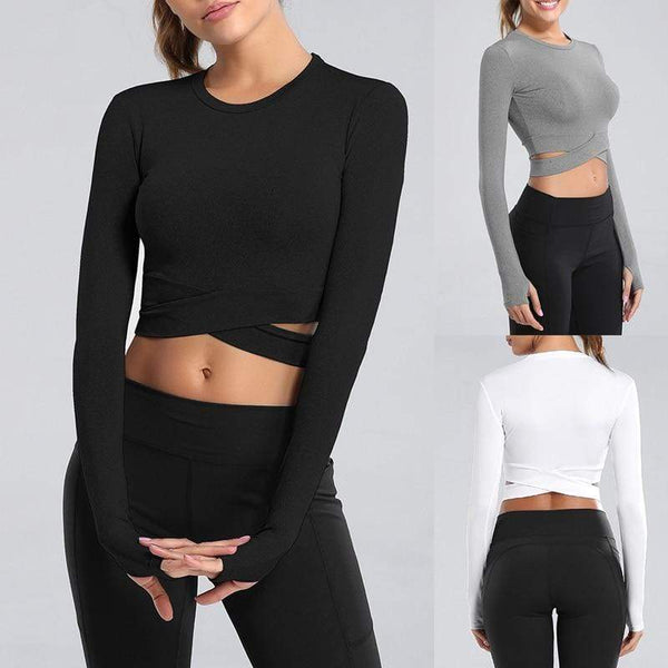 Women Long Sleeve Running Shirts Sexy Exposed Navel Yoga T-shirts Solid Sports Shirts Quick Dry Fitness Gym Crop Tops Sport Wear JadeMoghul Inc. 