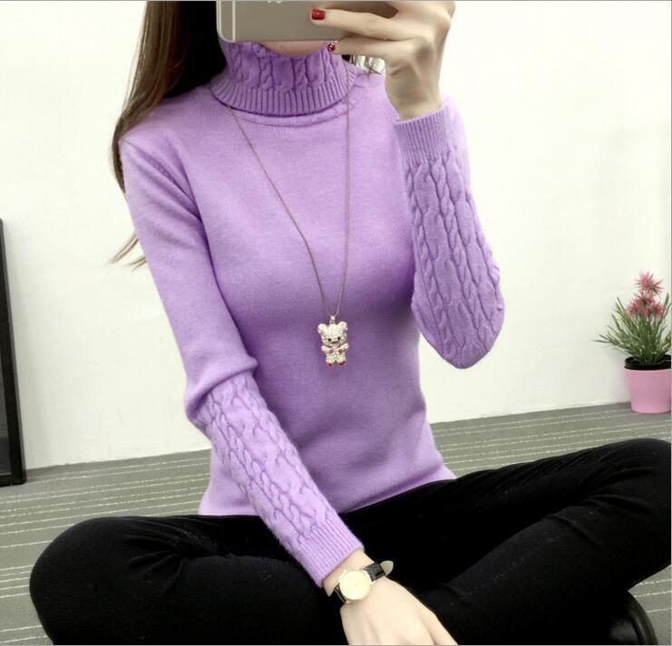 Women Long Sleeve Turtle Neck Cable Knit Sweater-Purple-S-JadeMoghul Inc.