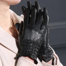 Women Long Wrist Genuine Leather Gloves With Button Detailing-Imitation flower-M-JadeMoghul Inc.