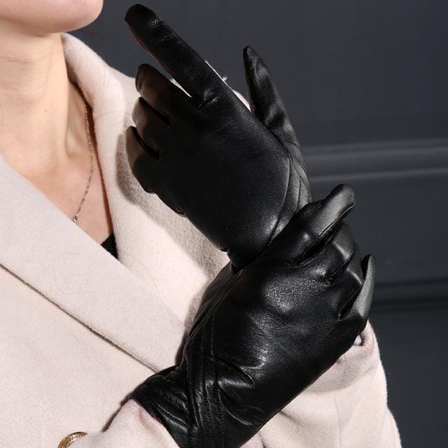 Women Long Wrist Genuine Leather Gloves With Button Detailing-Oblique fringe-M-JadeMoghul Inc.