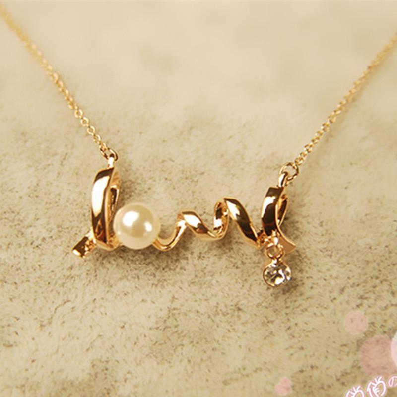 Women LOVE Letters Simulated Pearls Crystal Pendant And Chain-Gold-JadeMoghul Inc.