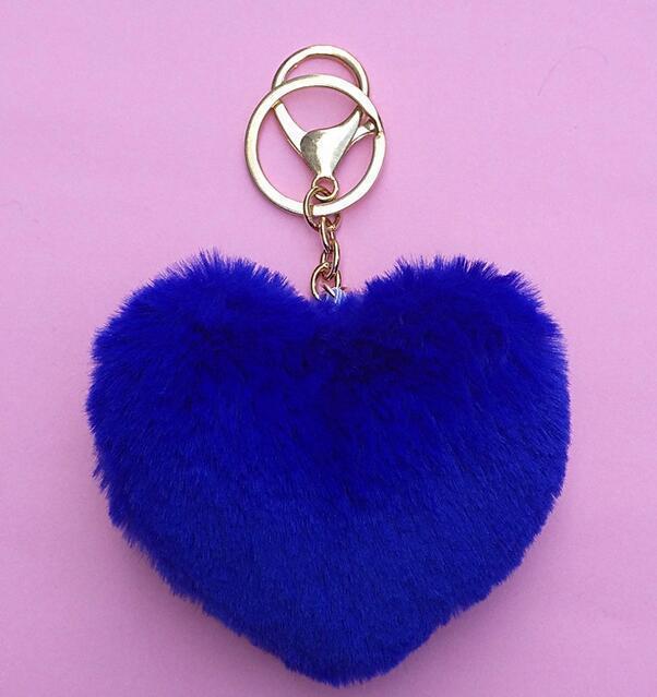 Women Lovely Heart Shaped Pom Poms Faux Fur Ball Key Ring / Bag Charm-Blue-JadeMoghul Inc.