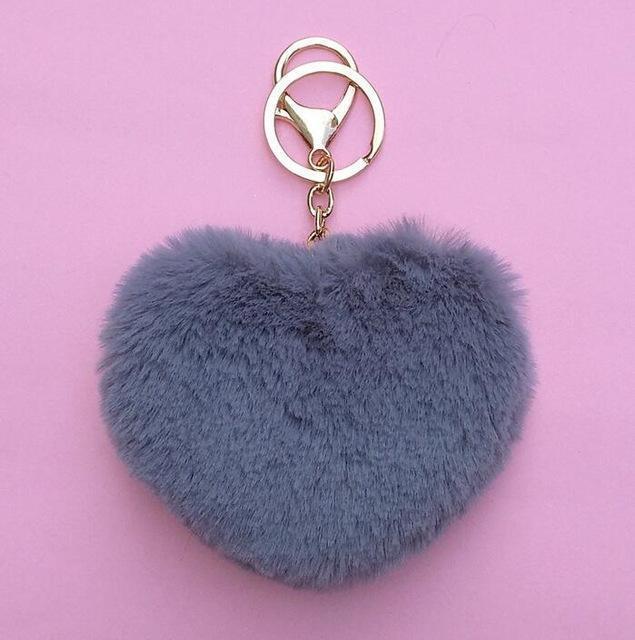 Women Lovely Heart Shaped Pom Poms Faux Fur Ball Key Ring / Bag Charm-Grey-JadeMoghul Inc.