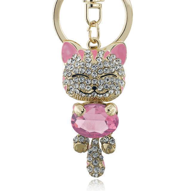 Women Lucky Smile Cat Crystal Rhinestone Key Ring / Bag Charm-Pink-JadeMoghul Inc.