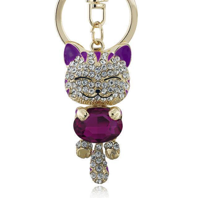 Women Lucky Smile Cat Crystal Rhinestone Key Ring / Bag Charm-Purple-JadeMoghul Inc.