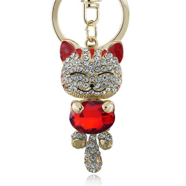Women Lucky Smile Cat Crystal Rhinestone Key Ring / Bag Charm-Red-JadeMoghul Inc.