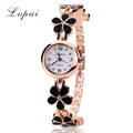 Women Luxury Enamel Daisy Flower Strap And Crystal Gold Watch-Black-JadeMoghul Inc.