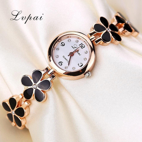 Women Luxury Enamel Daisy Flower Strap And Crystal Gold Watch-Black-JadeMoghul Inc.