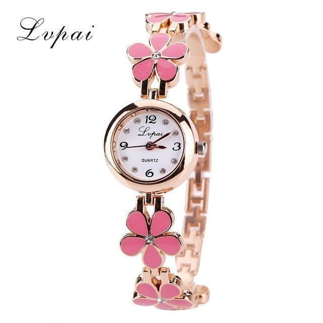 Women Luxury Enamel Daisy Flower Strap And Crystal Gold Watch-Pink-JadeMoghul Inc.