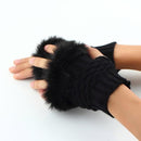 Women Machine Knit Warm Winter Finger Less Gloves With Fur Detailing-Black-JadeMoghul Inc.