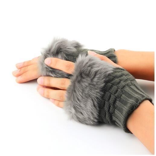 Women Machine Knit Warm Winter Finger Less Gloves With Fur Detailing-Black-JadeMoghul Inc.