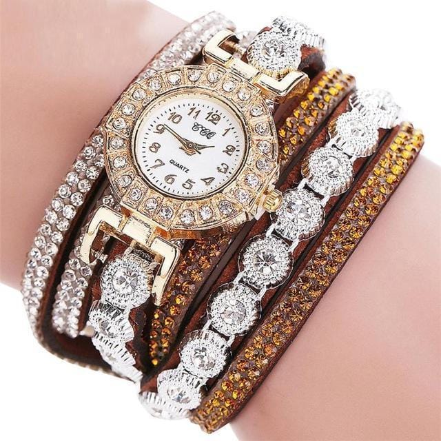 Women Multi layer Leather and Crystal Bracelet Watch-Brown-United States-JadeMoghul Inc.