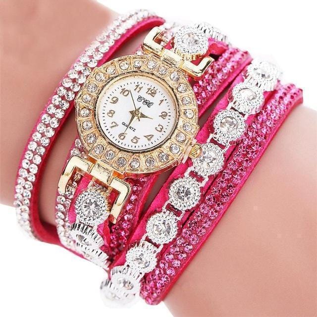 Women Multi layer Leather and Crystal Bracelet Watch-hot pink-United States-JadeMoghul Inc.