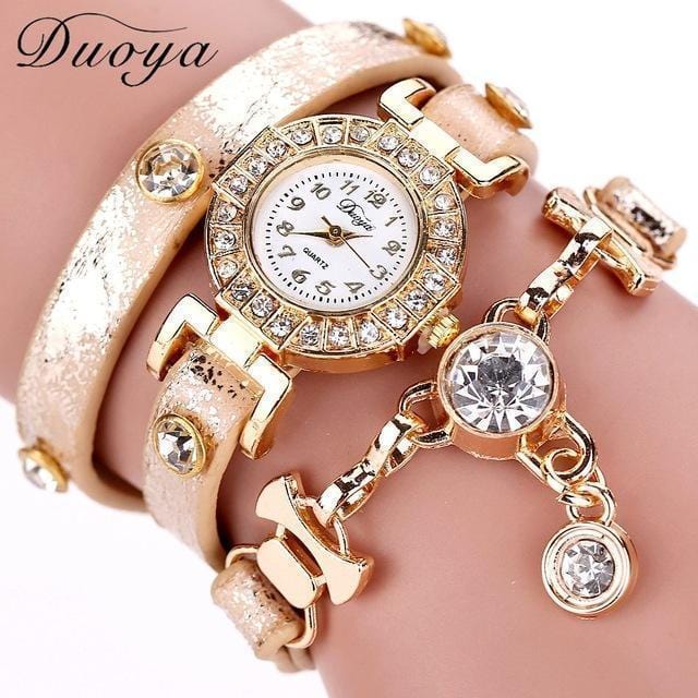Women Multi Layer Leather And Crystal Charm Bracelet Watch-Beige-JadeMoghul Inc.