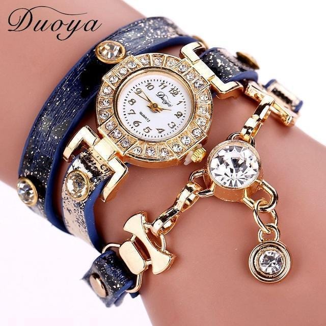 Women Multi Layer Leather And Crystal Charm Bracelet Watch-Blue-JadeMoghul Inc.