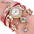 Women Multi Layer Leather And Crystal Charm Bracelet Watch-Red-JadeMoghul Inc.
