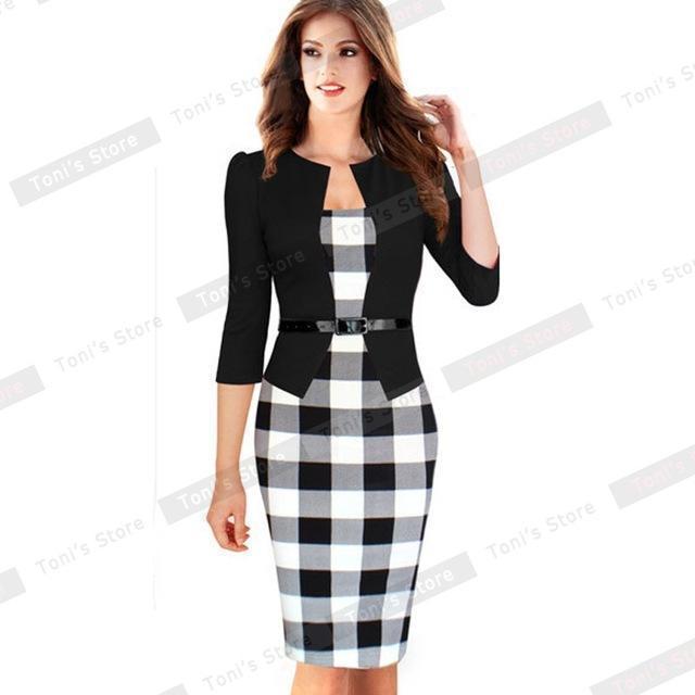 Women One-piece Faux Jacket Elegant Work Dress-Black and Gird-XXXL-JadeMoghul Inc.