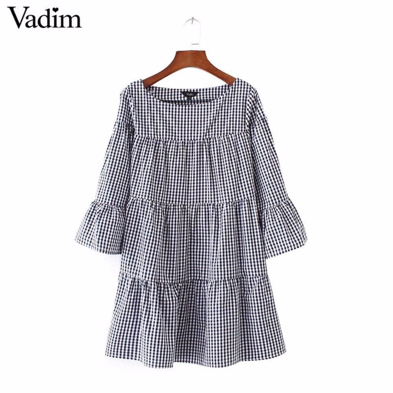 Women oversized pleated plaid dress summer elegant checkered flare sleeve loose casual sweet dresses vestidos QZ2821-as picture_0-L_0-China_0-JadeMoghul Inc.