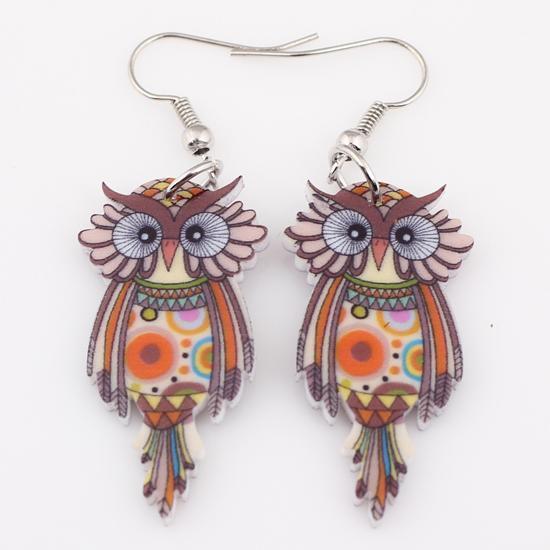 Women Owl Design Colorful Drop Earrings-Brown-JadeMoghul Inc.