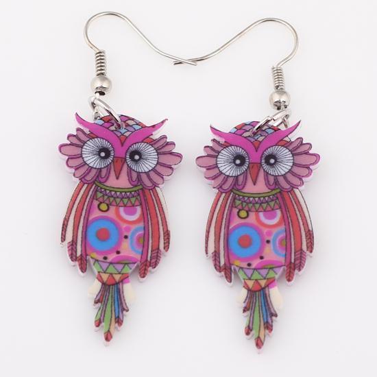 Women Owl Design Colorful Drop Earrings-Red-JadeMoghul Inc.