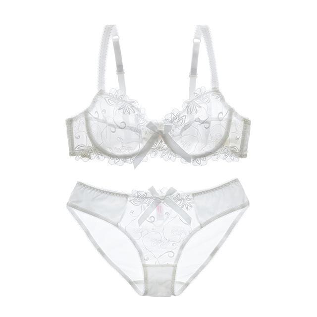 Women Padded Seamless Embroidered Lace Push Up Bra And Lace Mid Rise Panties Set-White-70A-JadeMoghul Inc.